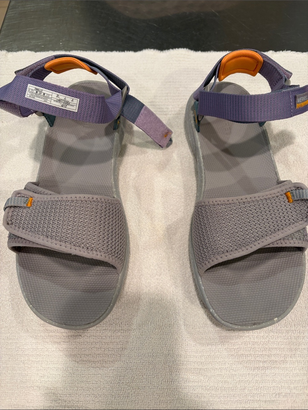 Gray Strappy Sandals with Purple Ankle Straps